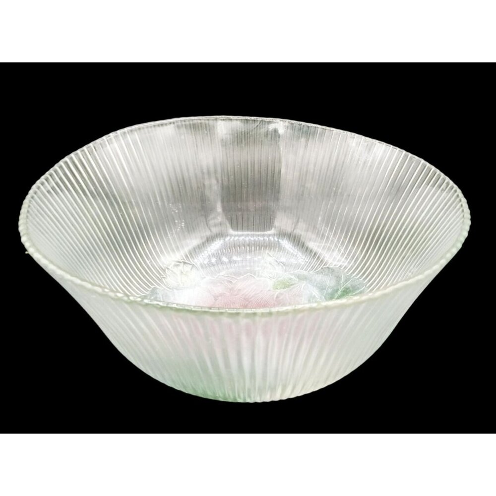 Kig Malaysia Pressed Glass Large Bowl Embossed Pink Flower Salad Fruit Vintage
